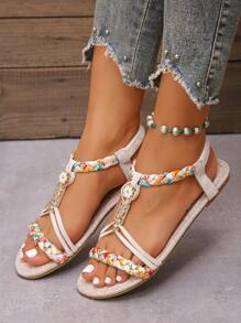 Summer Plus Size Women Flat Sandals, Floral Fabric Woven Open Toe Hollow Casual Ladies Sandals