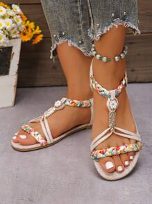 Summer Plus Size Women Flat Sandals, Floral Fabric Woven Open Toe Hollow Casual Ladies Sandals