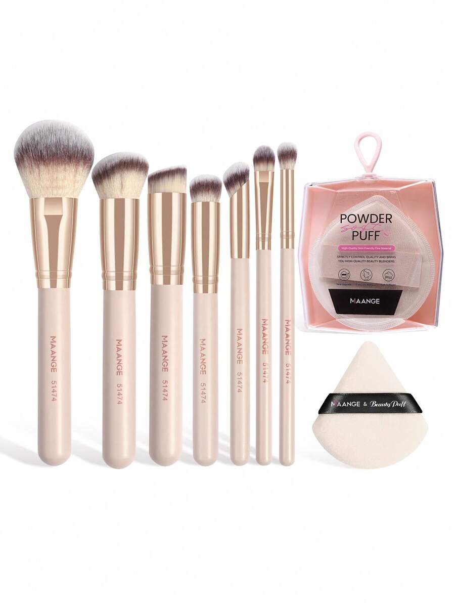 MAANGE 9Pcs Professional Facial Makeup Tools With 7pcs Facial Makeup Brushes&2pcs Powder Puff Accessories,Soft Foundation Brush Blush Brush Contour Brush Concealer Brush Eyeshadow Brush,Makeup Tools With Soft Fiber For Easy To Carrying,Set For Travel,Gift For Women&Girls - 杏色 - 查看 1