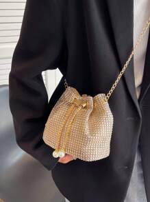 1 pieza Elegante bolso de noche con cristales de cristal dorado y cadena de metal, bolso de cubo de cordón ligero adecuado para fiestas, eventos diarios, discotecas, compras, almacenamiento de cosméticos, accesorio de moda, bolso con cristales glamuroso