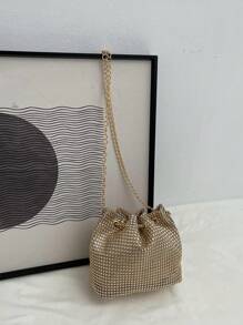 1 pieza Elegante bolso de noche con cristales de cristal dorado y cadena de metal, bolso de cubo de cordón ligero adecuado para fiestas, eventos diarios, discotecas, compras, almacenamiento de cosméticos, accesorio de moda, bolso con cristales glamuroso