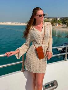 Elegant Shirt V-Neck Bell Sleeve Mini Dress Hollow Out Belted Knitted Dress 2024 Summer Beach Cover Up Women's Casual Outfit