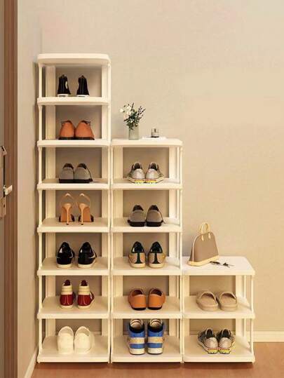 1 件米色塑料鞋架，卧室/宿舍/客厅鞋子收纳，节省空间的多层，经济型家用鞋柜