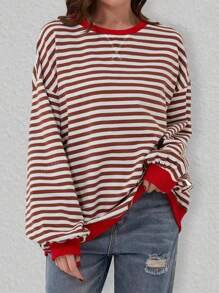 Plus 女式条纹落肩宽松 T 恤上衣 - 紅色 - 查看 1