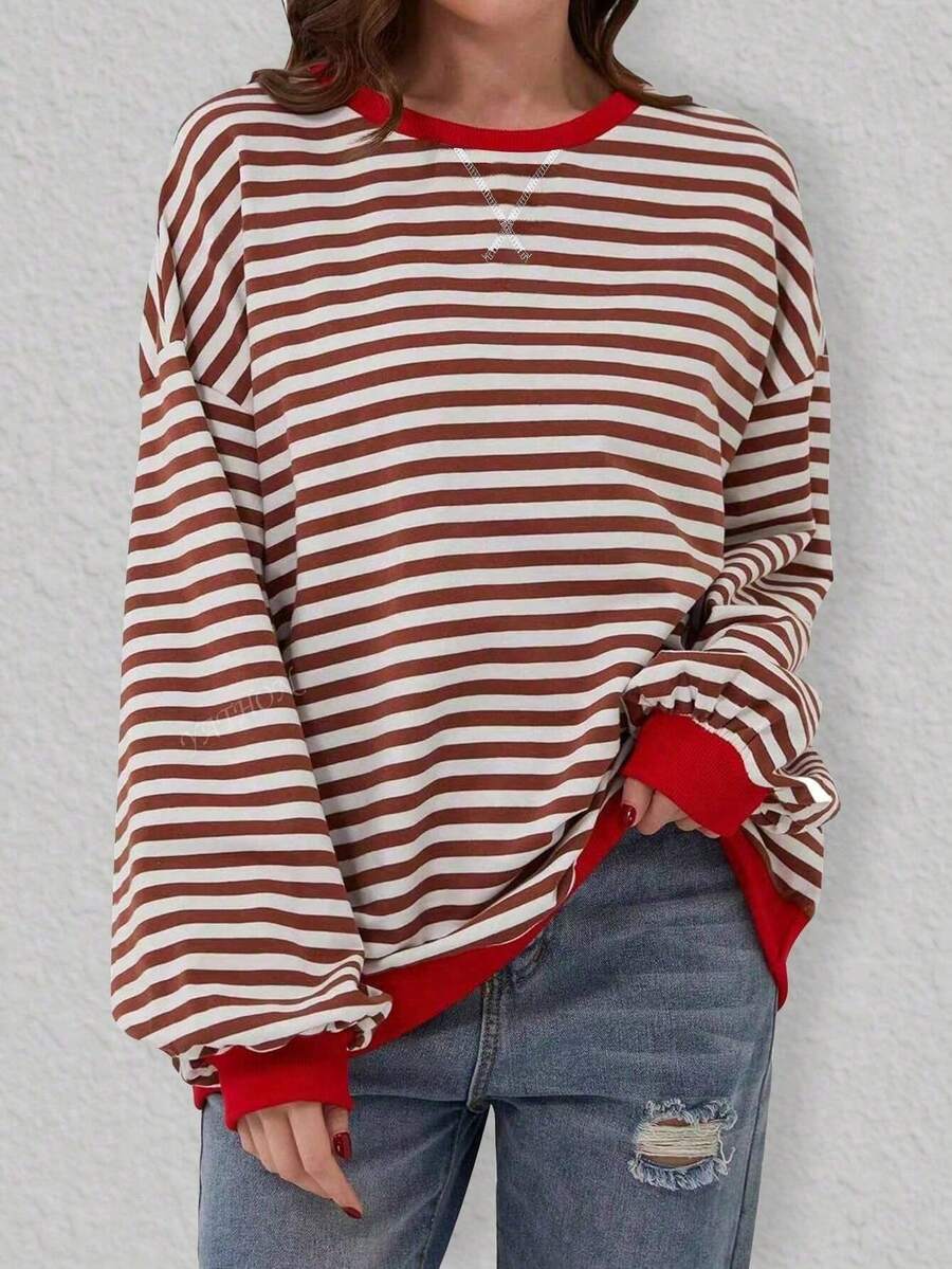 Plus 女式条纹落肩宽松 T 恤上衣 - 紅色 - 查看 1