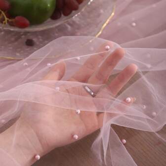 1pc Faux Pearl Decor Table Runner, Pink Pearl Tulle Table Runner, Wedding Decoration, Extra Long Table Runner For Wedding, Arch Reception Bride Gift, Christmas Table Decoration
