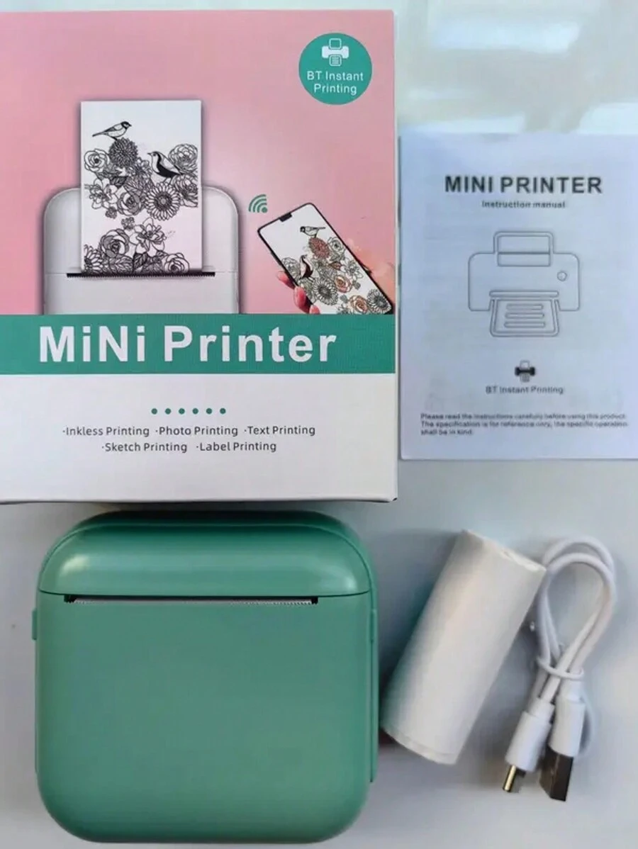 Impresora de pegatinas - Mini impresora térmica, creadora de pegatinas, impresora inalámbrica portátil de bolsillo móvil - Verde - Ver 1