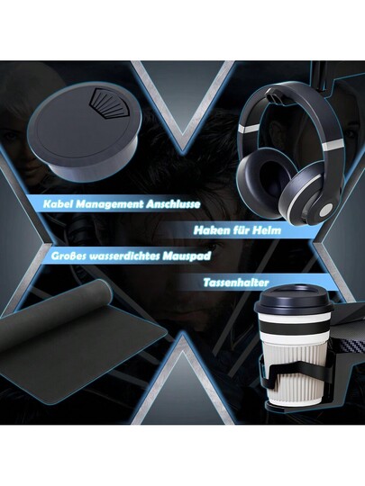 LILIIN Gaming Computer Bureau Carbon Fiber Surface Stable, M/Z/X Frame, 120cm/140cm/160cm, LED/ out LED, Tafel Ergonomic, Cup Holder Headphone Hook, view 6