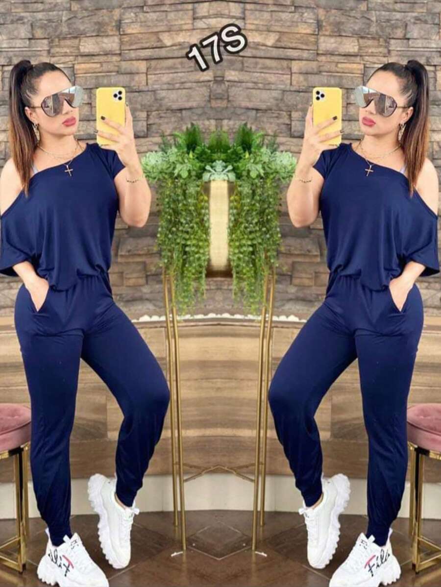 SHORT SLEEVE PALAZZO DROP SHOULDER - Navy Blue - View 1