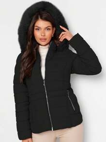 Shendy Vendy Chamarra Para Mujer Poliéster Cálido Con Cuello Tipo Piel - NEGRO 2 - Ver 3