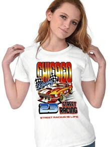 Trucker Womens Fitted Graphic Tee Shirt Cool Chicago Drag Speed Street Racing Is Life Racecar Number 23 Ladies Casual Slim Fit Fashion Cotton Printed Short Sleeve Crewneck Tshirt Brisco Brands - White - View 1