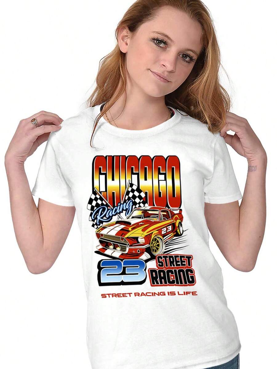 Trucker Womens Fitted Graphic Tee Shirt Cool Chicago Drag Speed Street Racing Is Life Racecar Number 23 Ladies Casual Slim Fit Fashion Cotton Printed Short Sleeve Crewneck Tshirt Brisco Brands - White - View 1