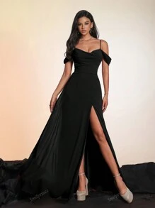 Smilprince Long Open Shoulder High-End Solid Color Bridesmaid Formal Evening Dress