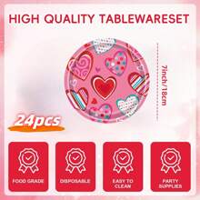 24pcs Pink Paper Plates, Cups, Napkins, Valentine's Day Party Tableware Set, Heart Shaped Plates, Disposable Cake & Dessert Plates, Suitable For Wedding, Engagement, Anniversary, Daily Meals, Birthday, Holiday, Picnic, School, Office, Home Use - Black - View 14