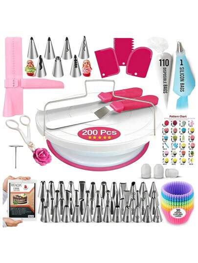 Kit de Decoración de Pasteles 200pcs, Kit Reposteria y Pasteleria Utensilios, Giratorio para Tartas, Boquillas Manga Pastelera, Decoración para Tartas