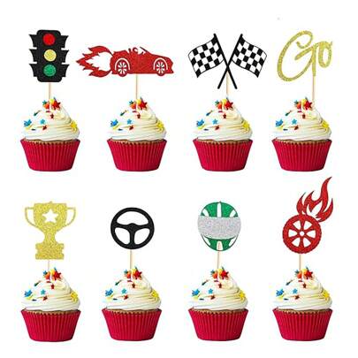 24pcs Race Car Cupcake Toppers Traffic Light Steering Wheel Trophy Flag Helmet Racing Car Cupcake Picks For Let's Go Racing Sports Theme Birthday Party Cake Decorations