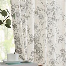 Juego de 2 piezas de pegatinas con estampado de Alicia de lino y poliéster con barra para cortinas, cortinas opacas con contraste floral, adecuadas para salón y dormitorio, con múltiples opciones para elegir - Gris - Ver 3