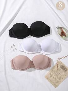 3 Packs Basic Multicolor Strapless Demi-Cup Bra Comfort Push Up Removable Bra