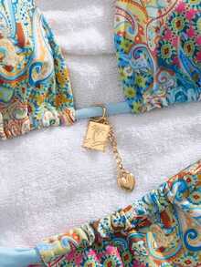 2pcs/Set New Soft Cup Adjustable Strap Printed Tie Front Elegant Party Bikini Swimwear, Summer Beach Fashion Swimwear For Women