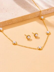 European And American Retro Round Pearl Stainless Steel Chain Accessories Bracelet Earrings Necklace Jewelry Set For Women, Suitable As Gift