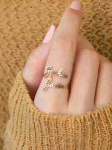 Customized Multi-Name Ring, Personalized Adjustable Stainless Steel Nameplate Ring Suitable For Women, Couples, Family, 18K Gold Plated Pendant Jewelry, Fashionable Wedding Accessories, Birthday, Mother's Day Gift, Golden Fashion, Autumn, Retro, Unisex, Minimalist, Casual, Gothic, Punk, Customized, Personalized, Unique, Friend Anniversary Gift - Yellow Gold - View 4