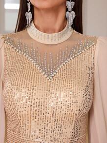 YISIKADO 女士优雅奢华亮片网眼水钻立领长袖雪纺礼服、婚礼宾客礼服、派对礼服、晚礼服、长袍