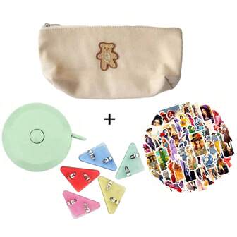 文具套装，可爱熊笔袋，1PCS 随机颜色卷尺，5PCS 随机颜色三角形文件装订文件夹，50PCS 好看的装饰贴纸，开学礼物，送给学生和朋友的理想礼物