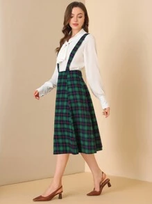 Women's Tartan Plaid Suspender Skirt Vintage High Waist A-Line Midi Overall Spring Dress