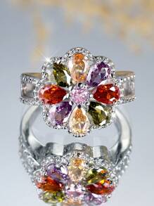Tsnamer 1pc Elegant Floral Rainbow Colorful Cubic Zirconia Ring For Women Girl Daily Party Jewelry Gifts