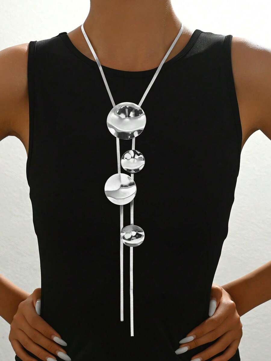 1 件女式复古 Y 形项链，创意不对称吊坠，长粗链适合日常佩戴、礼物、派对 - Silvery - 查看 1