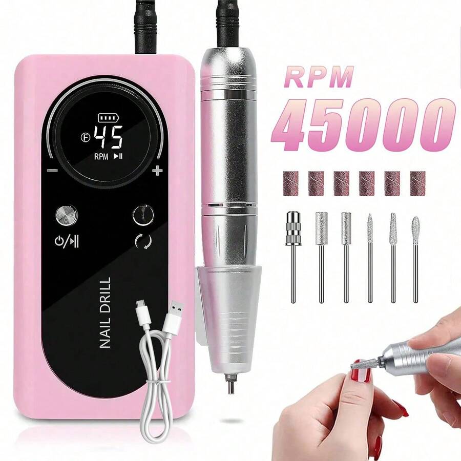 45000rpm Professional Electric Nail Drill Polisher Grinding Machine For Gel Nails With Milling Cutter And Grinding Head - 粉色 - 查看 1