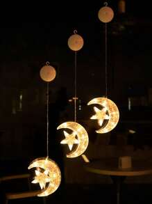 1pc 10-Head Star & Moon Decor Atmosphere Festival Light With Suction Cup, 3-Section Battery-Operated Five-Pointed Star String Light