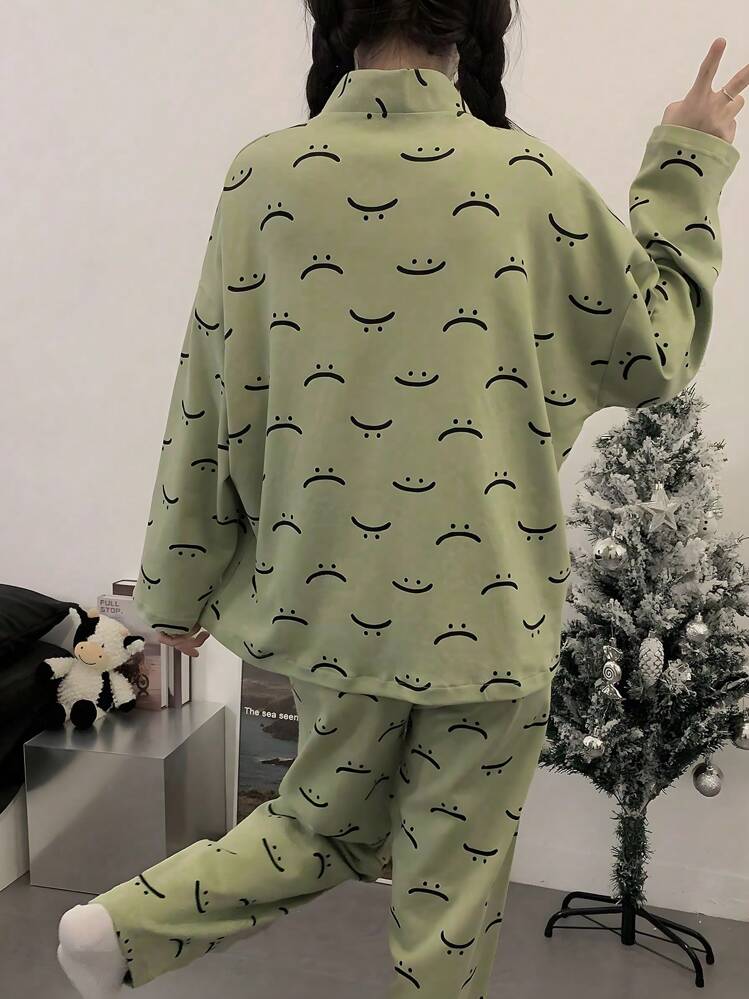 女士可爱鸭子印花长袖开衫睡衣套装，舒适透气两件套睡衣，秋冬款 - 綠色 - 查看 2