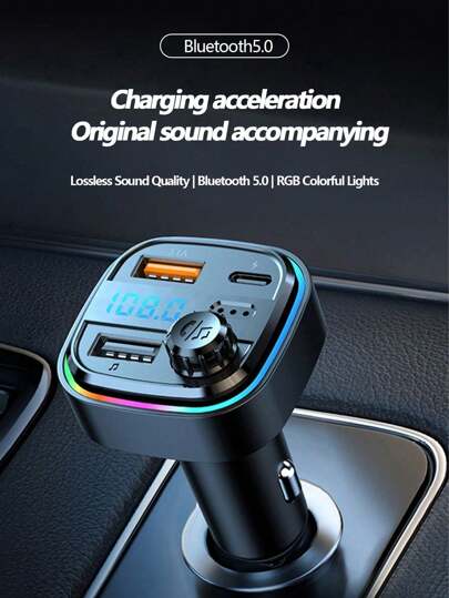 1 件多功能车载蓝牙接收器，带彩色氛围灯、MP3 播放器、QC3.0 车载充电器