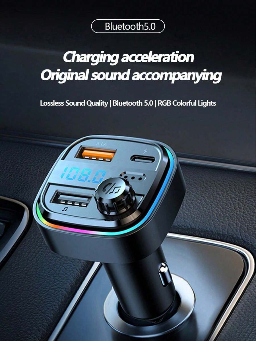 1 件多功能车载蓝牙接收器，带彩色氛围灯、MP3 播放器、QC3.0 车载充电器