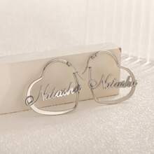 个性化名字心形环状耳环，定制耳环，女孩心形首字母耳钉，名字耳环，名字环状耳环银色 - 款式1 - 查看 3