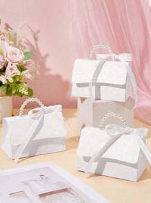 10pcs/2pcs-Faux Pearl Decorated Gift Bag, Simple Packaging Bag For Party, Pearl Handle Decorative Paper Gift Box, Exquisite Pure White Gift Packaging Box For Valentine's Day Wedding Gift, Letterpress Printing Flower Candy Box Mini Packaging Bag Paper Box Gift Set Box Small Gift Bags Wedding Favors Party Decoration