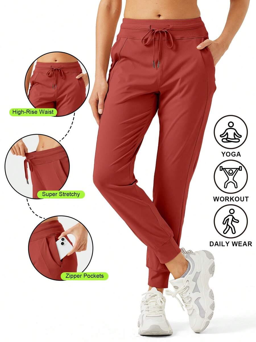 Women's Joggers Pants Pockets Drawstring Running High Waisted Workout Sweatpants For Women Lounge Workout Jogging With Zipper Pockets - 薩凡納紅 - 查看 1