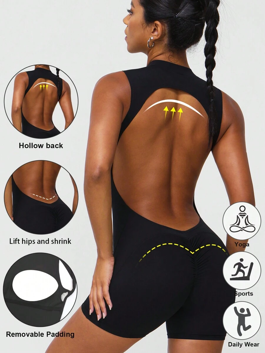 Sodalemon Women's Backless Sports Jumpsuit With Padded Bra, Fitness Activewear Sleeveless Yoga Jumpsuit - 黑色 - 查看 1