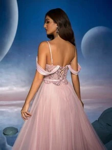 Anymoon Lace 3D Applique Ruched Hem Long Evening Gown, Party Dress, Wedding Guest Dress, Formal Dress, Evening Dress - Pink - View 4
