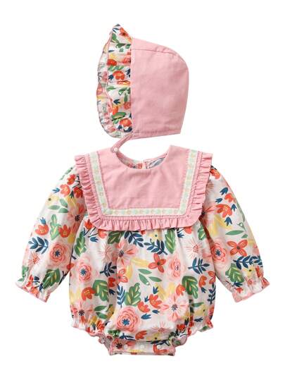 婴儿碎花长袖连体衣，带帽子，适合户外活动和新生儿穿着