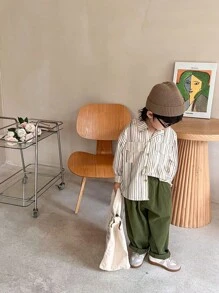 春季新款男童竖条纹口袋衬衫，清新时尚上衣 - 杏色 - 查看 4