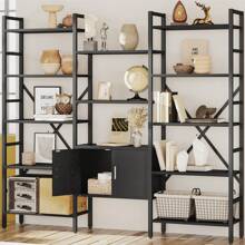 INNOD 70" X 70" Industrial Bookshelf, Large 5-Tier Triple Bookcase With Storage Cabinet, 14-Shelf Display Unit, Metal Frame Etagere Furniture For Living Room, Bedroom, Home Office - màu đen - Xem 4