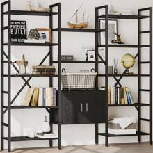 INNOD 70" X 70" Industrial Bookshelf, Large 5-Tier Triple Bookcase With Storage Cabinet, 14-Shelf Display Unit, Metal Frame Etagere Furniture For Living Room, Bedroom, Home Office - màu đen - Xem 2