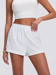 Women Summer Stripe Print Shorts Elastic High Waist Wide Leg Short Pants Lounge Shorts