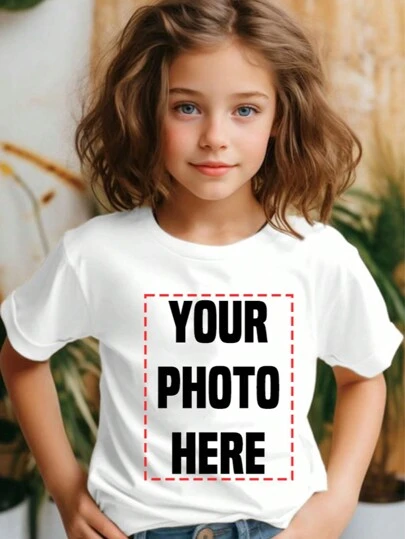 Anpassad vår-/sommar-barn-T-shirt, utomhussport-T-shirt, exklusiv vit T-shirt med foto för barn, ladda upp ett gulligt foto av bebisen, förälder-barn-minnesmärke / vardagskläder, bekväm lös kortärmad, anpassa ditt foto/familj/idol/tecknad serie/personligt porträtt/husdjur/bebis/väns bild, tillbaka till skolan, födelsedagspresent, festoutfit, vardaglig T-shirt, fotoutskrift, julklapp, bästa vän-present, överraskningspresent, semesteroutfit