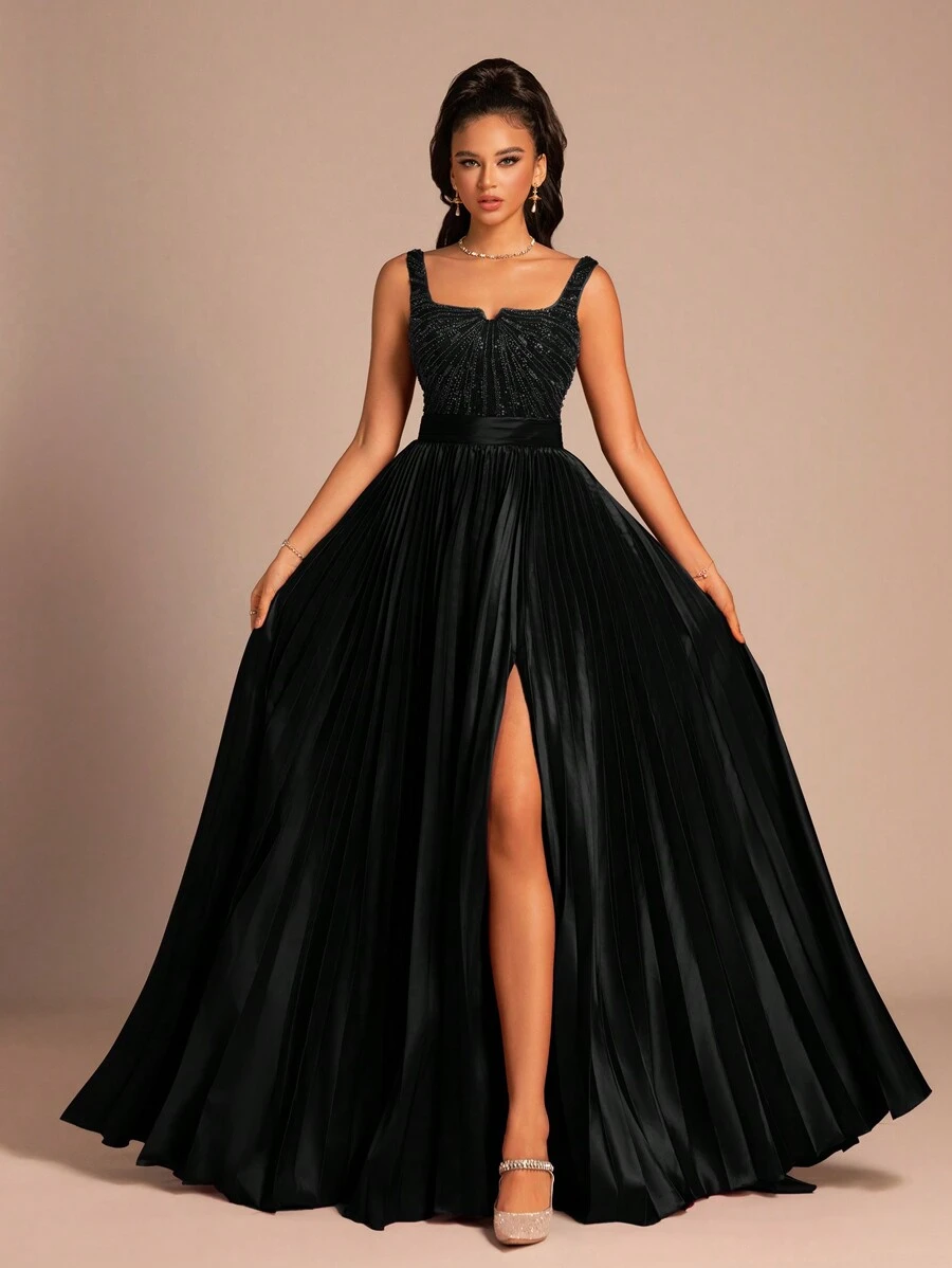 New Wide Strap Pleated Patchwork Backless Side Slit Elegant Glamorous Party Gown, Party Dress, Wedding Guest Dress, Formal Dress, Evening Dress - Black - View 1
