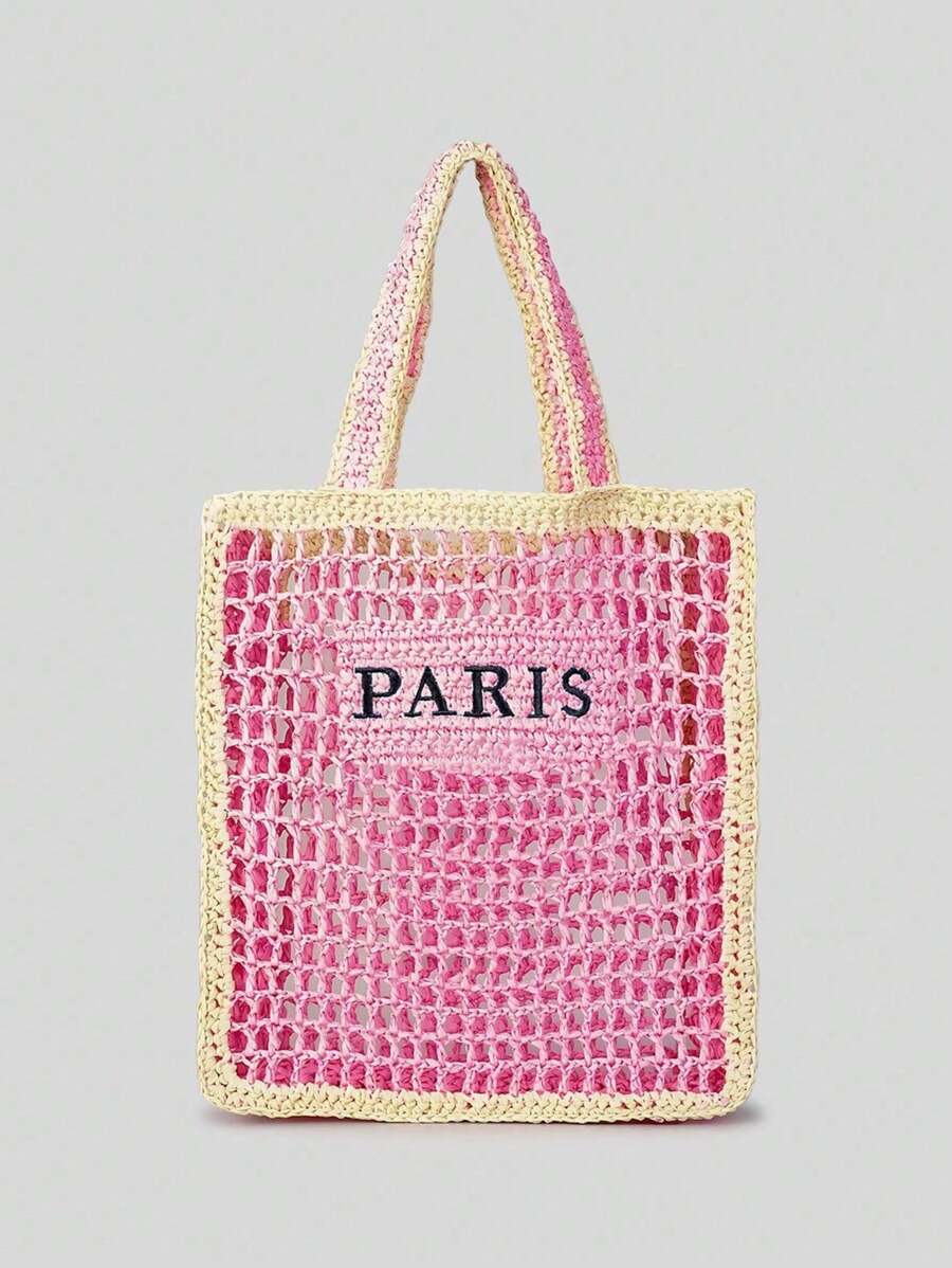 Handmade Weaving Tote Bag Women Hollow Embroidery Letter Clashing Straw Bag Large Capacity Beach Vacation Woven Bag