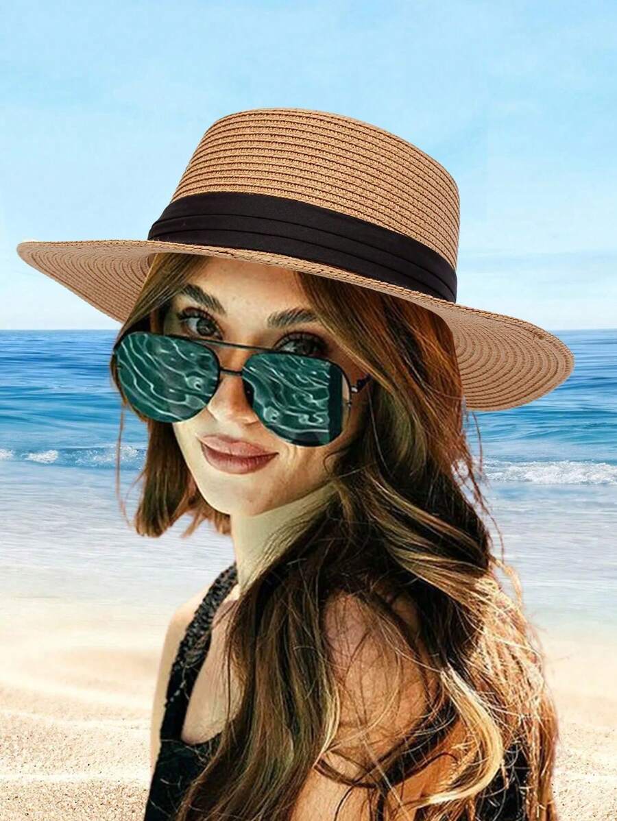 1pc Women's Khaki Black Band Flat Top Straw Hat, Vacation Beach Sun Protection Hat