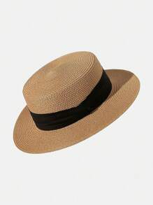 1pc Women's Khaki Black Band Flat Top Straw Hat, Vacation Beach Sun Protection Hat